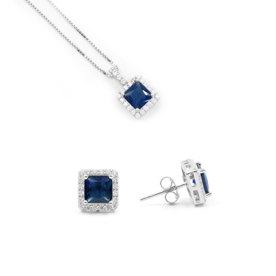 Orecchini e Collana halo in argento 925 con zircone ottagonale blu e giro di zirconi bianchi – Rodiato