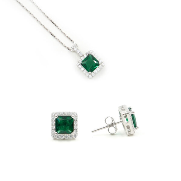 Orecchini e Collana halo in argento 925 con zircone ottagonale verde e giro di zirconi bianchi – Rodiato
