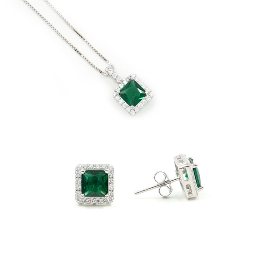 Orecchini e Collana halo in argento 925 con zircone ottagonale verde e giro di zirconi bianchi – Rodiato