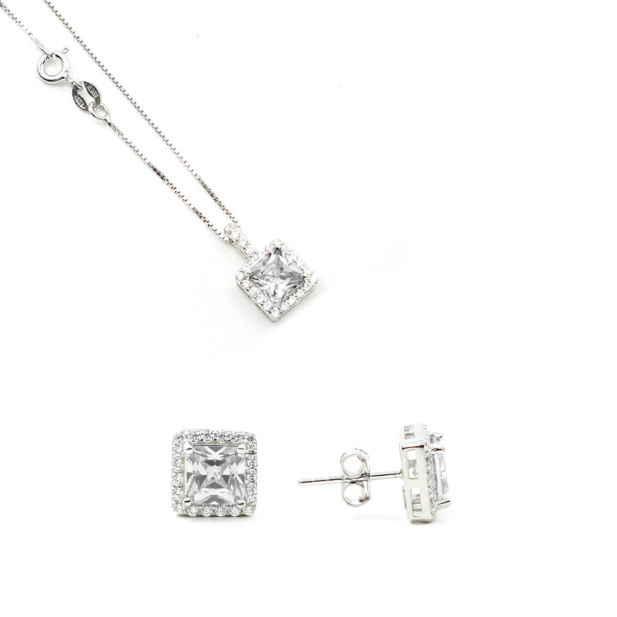 Orecchini e Collana halo in argento 925 con zircone ottagonale bianco e giro di zirconi bianchi – Rodiato