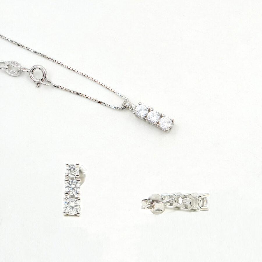 Orecchini e Collana trilogy in argento 925 con zirconi bianchi – Rodiato