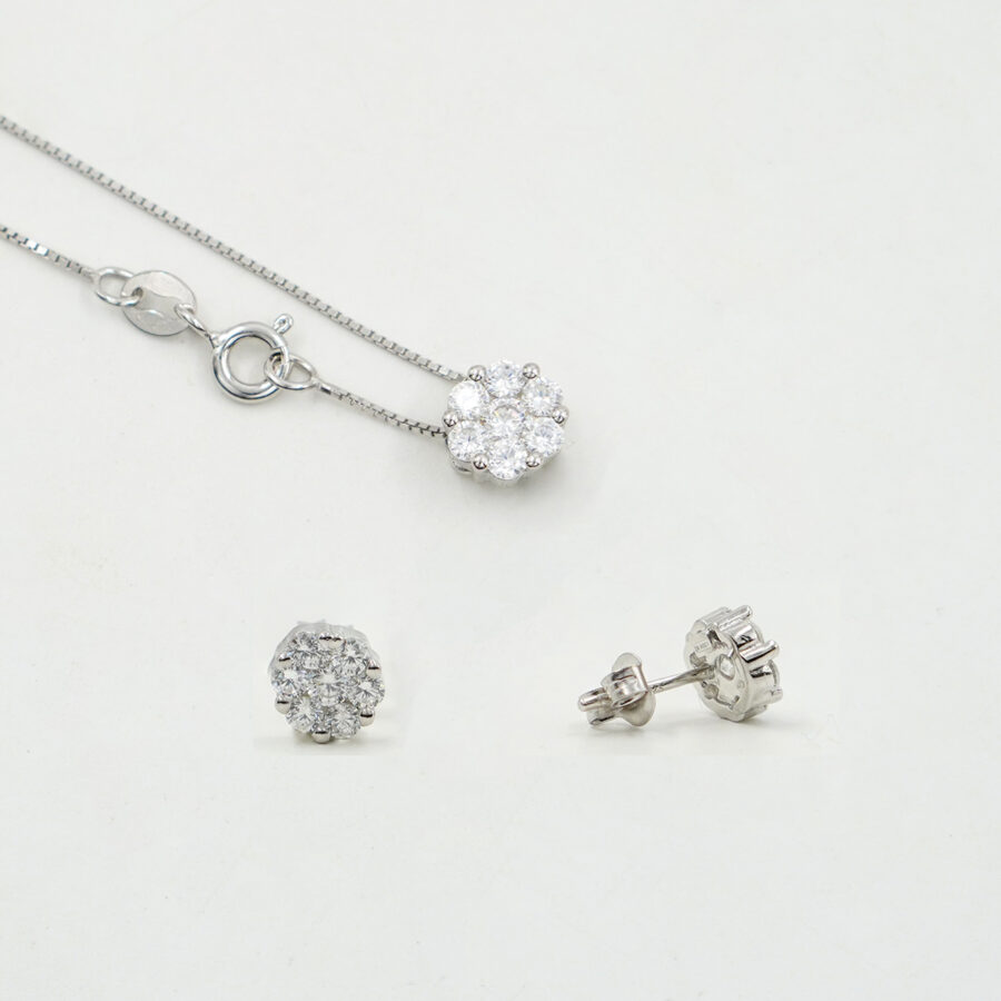 Orecchini e Collana fiore in argento 925 con zirconi bianchi – Rodiato