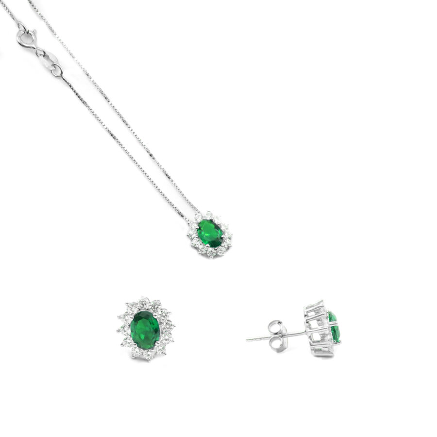 Orecchini e Collana halo in argento 925 con zircone ovale verde e giro di zirconi bianchi – Rodiato