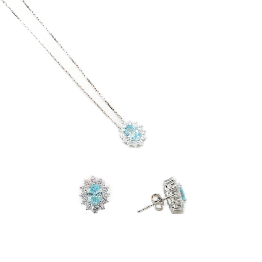 Orecchini e Collana halo in argento 925 con zircone ovale azzurro e giro di zirconi bianchi – Rodiato