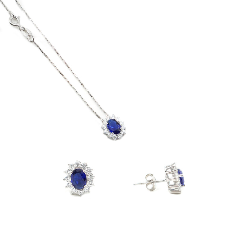 Orecchini e Collana halo in argento 925 con zircone ovale blu e giro di zirconi bianchi – Rodiato