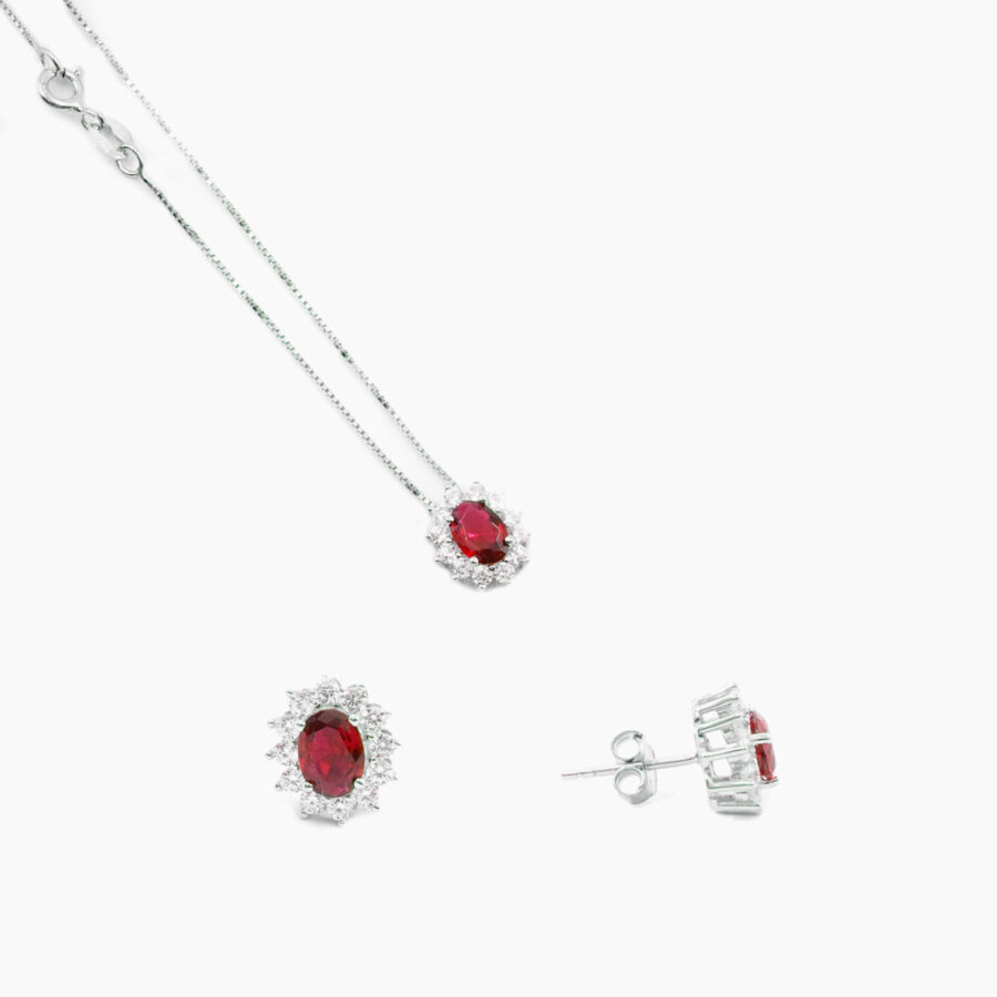 Orecchini e Collana halo in argento 925 con zircone ovale rosso e giro di zirconi bianchi – Rodiato