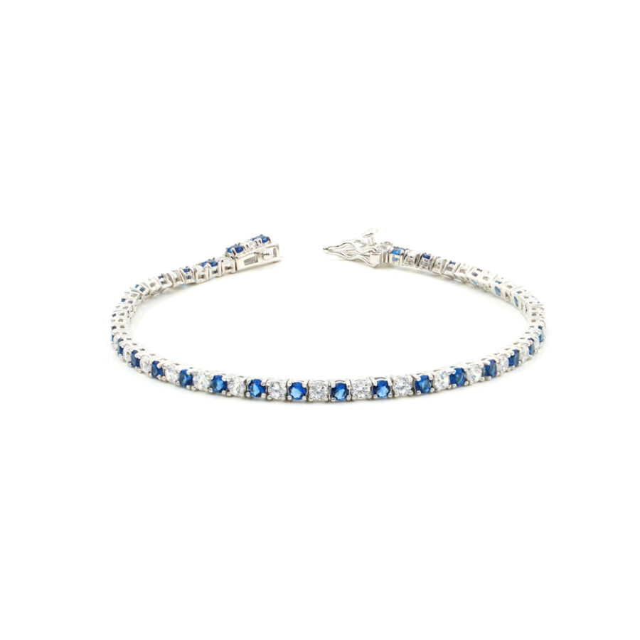 Bracciale Tennis in argento 925 con zirconi blu e bianchi 2,5mm – Rodiato – <em>Lunghezza 18cm</em>