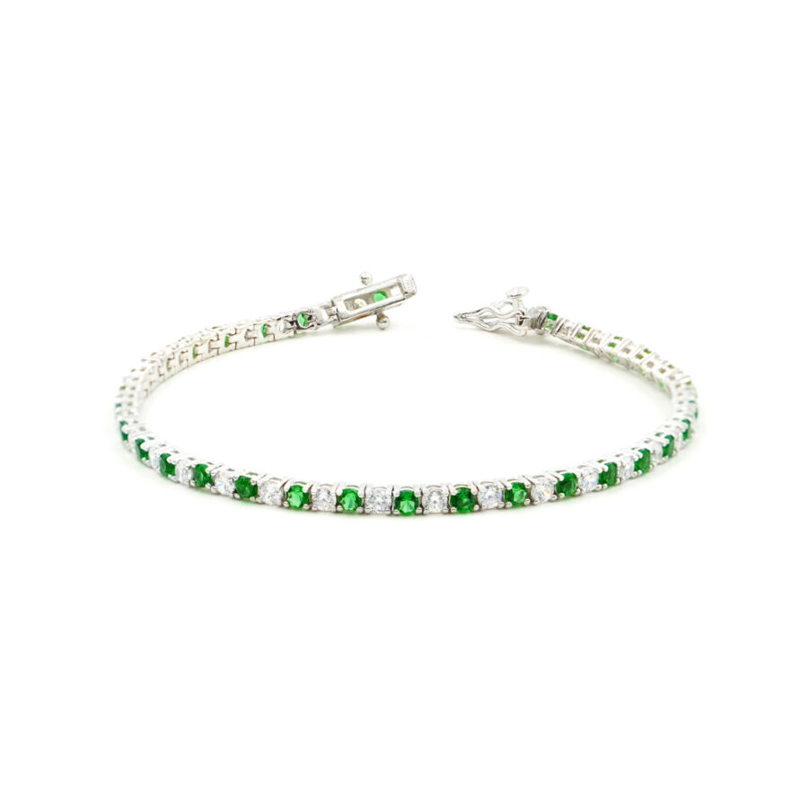 Bracciale Tennis in argento 925 con zirconi verdi e bianchi 3mm – Rodiato – <em>Lunghezza 18cm</em>