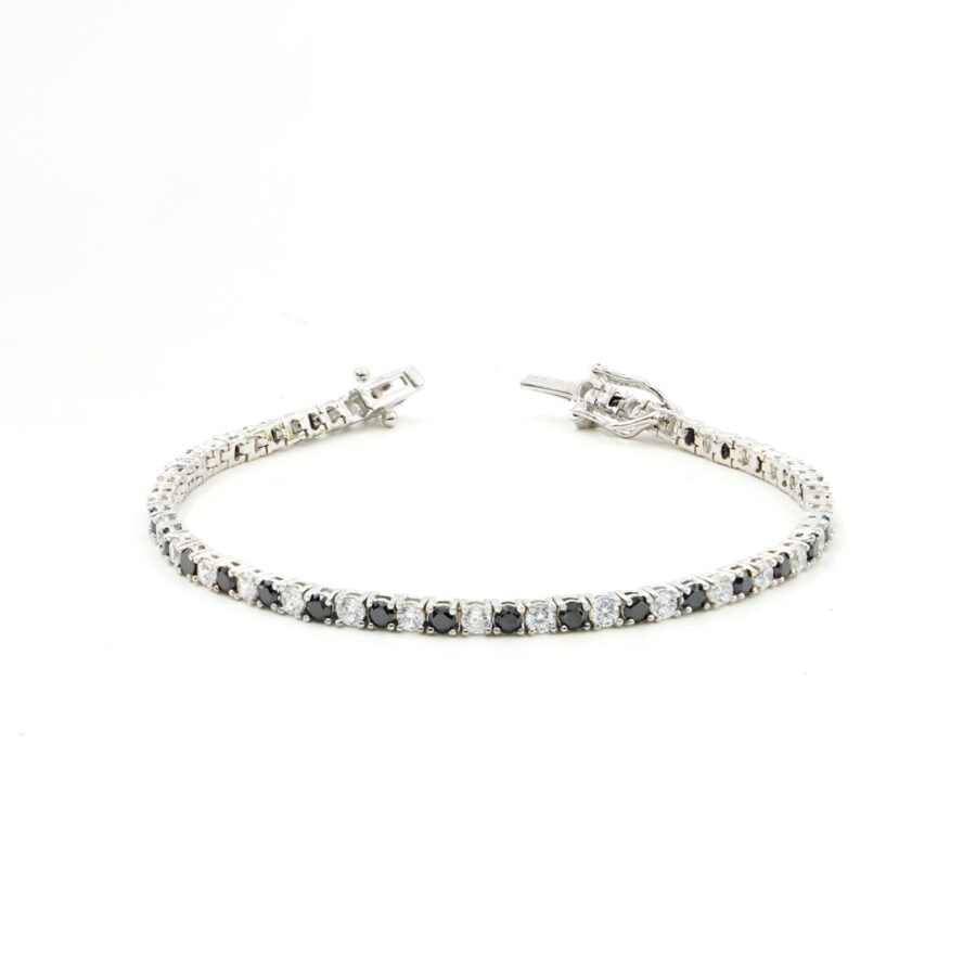Bracciale Tennis in argento 925 con zirconi neri e bianchi 3mm – Rodiato – <em>Lunghezza 18cm</em>