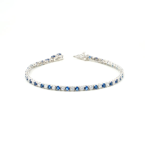 Bracciale Tennis in argento 925 con zirconi blu e bianchi 3mm – Rodiato – <em>Lunghezza 18cm</em>