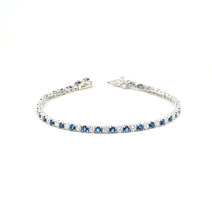 Bracciale Tennis in argento 925 con zirconi blu e bianchi 3mm – Rodiato – <em>Lunghezza 18cm</em>