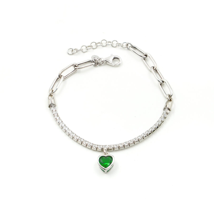 Bracciale tennis con catena in argento 925 e pendente con zircone cuore verde – Rodiato