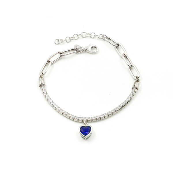 Bracciale tennis con catena in argento 925 e pendente con zircone cuore blu – Rodiato