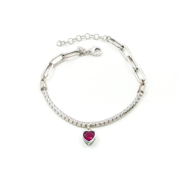 Bracciale tennis con catena in argento 925 e pendente con zircone cuore rosso – Rodiato