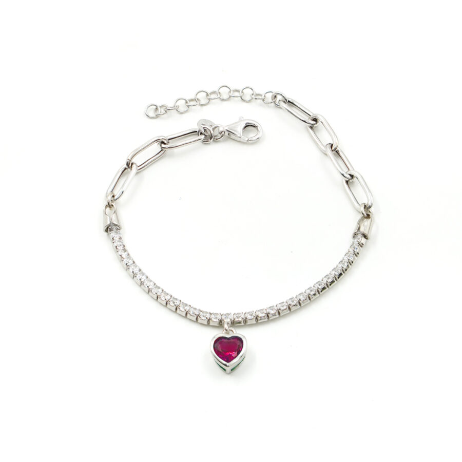 Bracciale tennis con catena in argento 925 e pendente con zircone cuore rosso – Rodiato