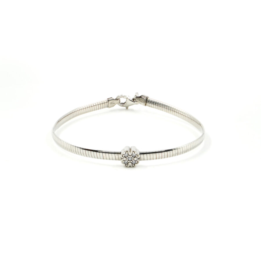 Bracciale catena Serpente in argento 925 con elemento quadrifoglio con zirconi bianchi – Rodiato