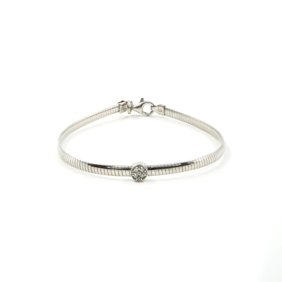 Bracciale catena Serpente in argento 925 con elemento tondo con zirconi bianchi – Rodiato
