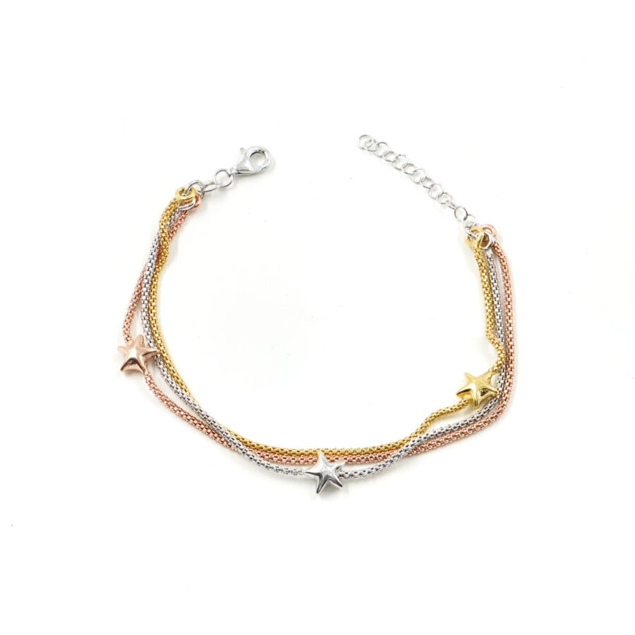 Bracciale a tre fili catena Coreana in argento 925 misura 1,50mm con stelle – Multicolore