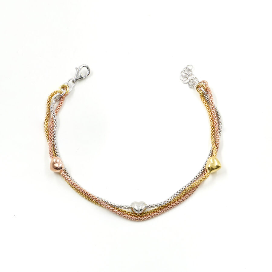 Bracciale a tre fili catena Coreana in argento 925 misura 1,50mm con cuore – Multicolore