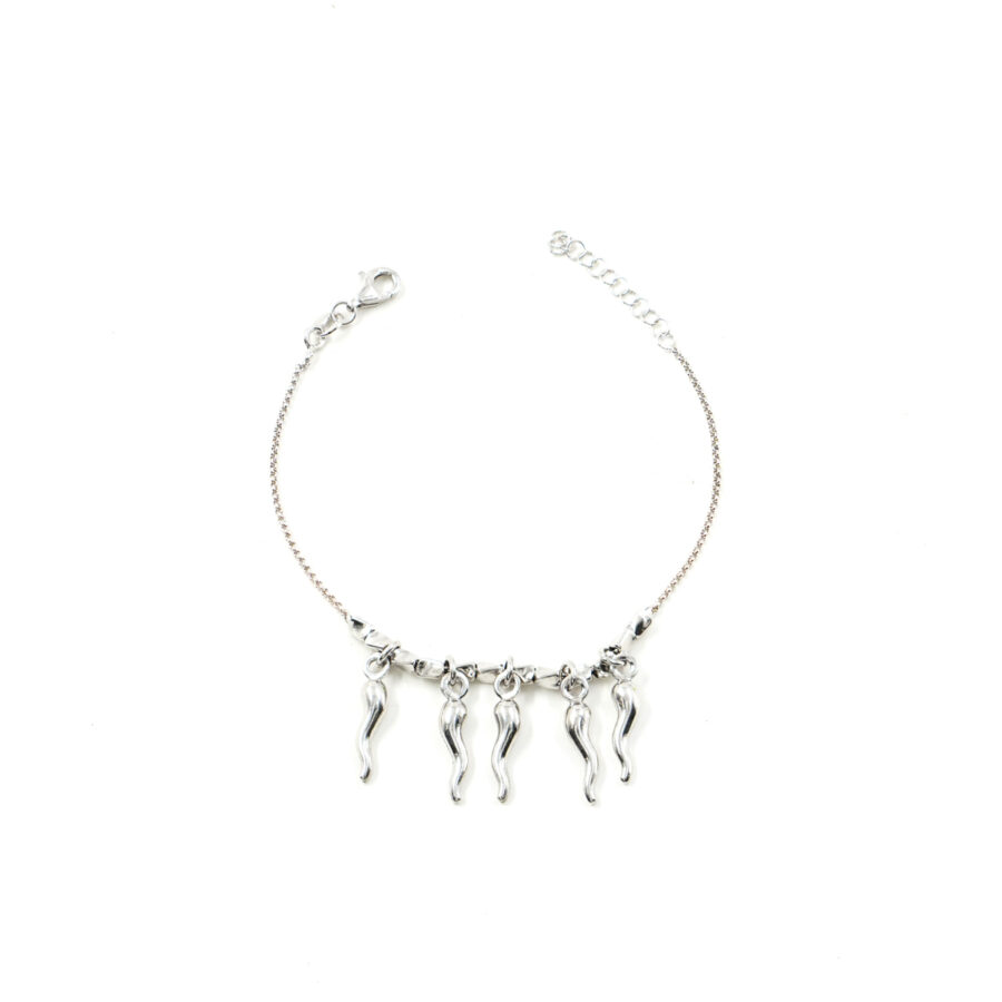 Bracciale portafortuna a catena rolo in argento 925 con cornetti - Rodiato