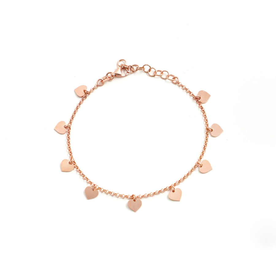 Bracciale in argento 925 con 9 cuori pendenti – Rosato
