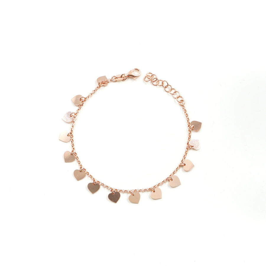 Bracciale in argento 925 con 14 cuori pendenti - Rosato