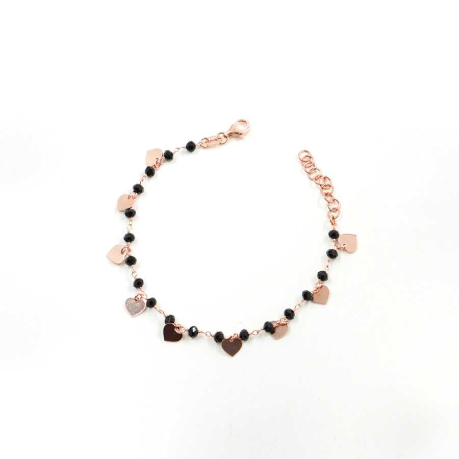 Bracciale ammagliato in argento 925 con agata nera e elementi cuore – Rosato