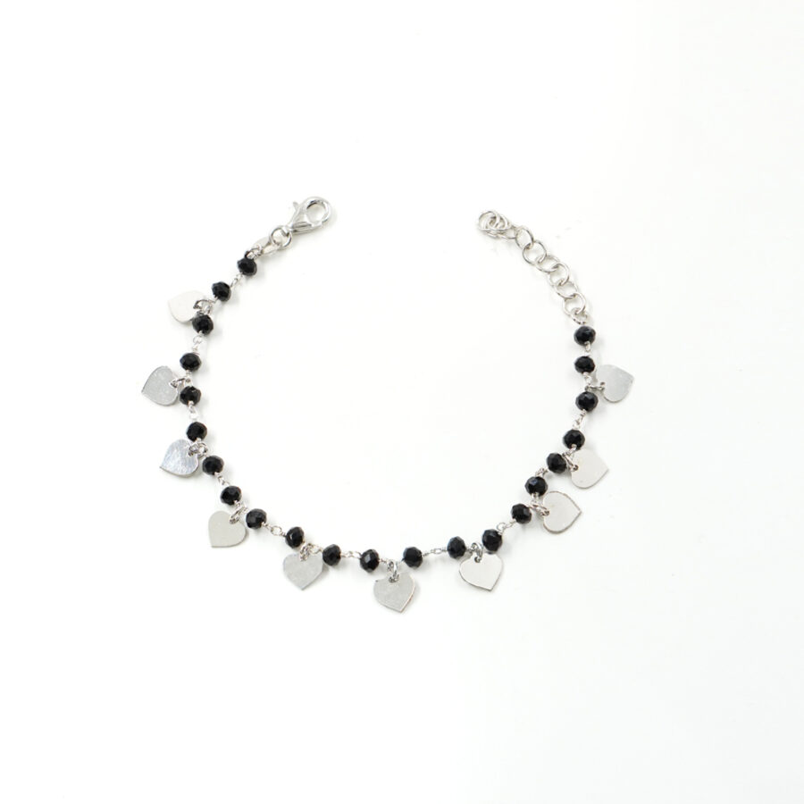 Bracciale ammagliato in argento 925 con agata nera e elementi cuore – Rodiato