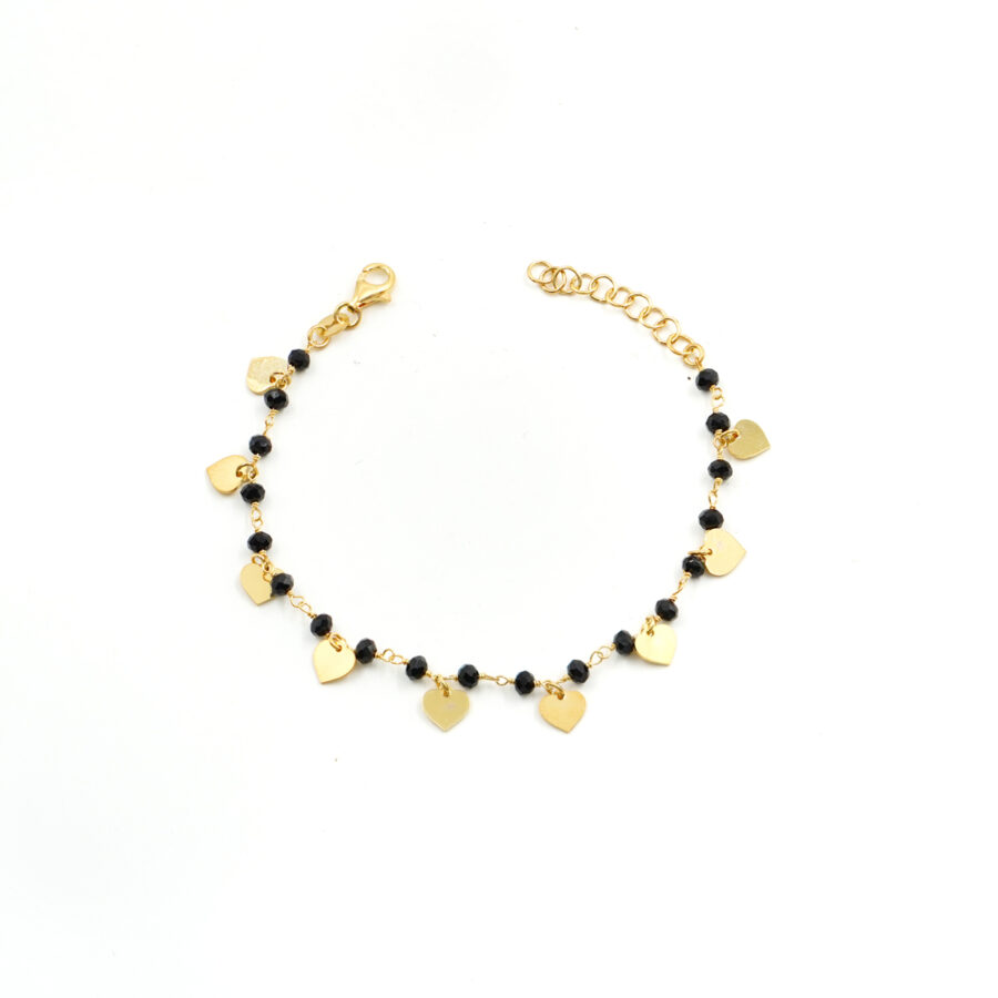 Bracciale ammagliato in argento 925 con agata nera e elementi cuore – Dorato