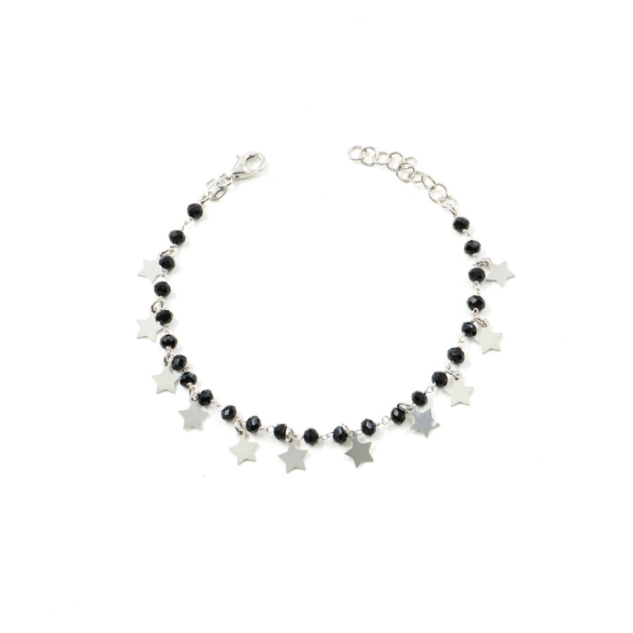 Bracciale ammagliato in argento 925 con agata nera e elementi stella – Rodiato
