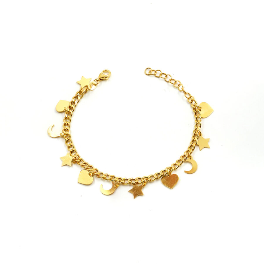 Bracciale catena gourmette in argento 925 con elementi stella, cuore, luna pendenti – Dorato