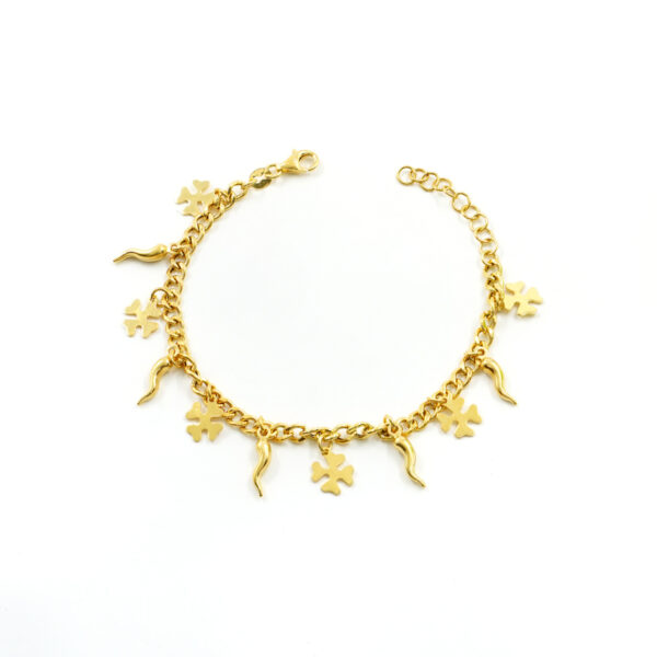 Bracciale portafortuna catena gourmette in argento 925 con elementi quadrifoglio, corno – Dorato