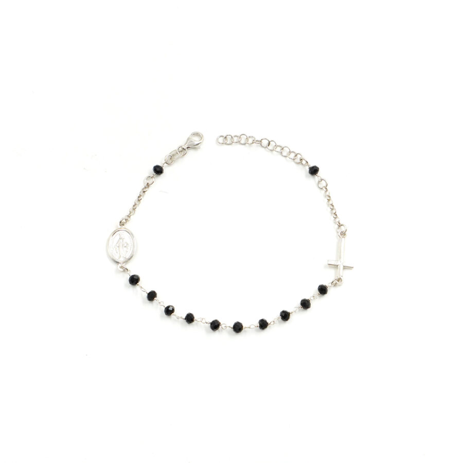 Bracciale ammagliato Rosario in argento 925 con agata nera – Rodiato