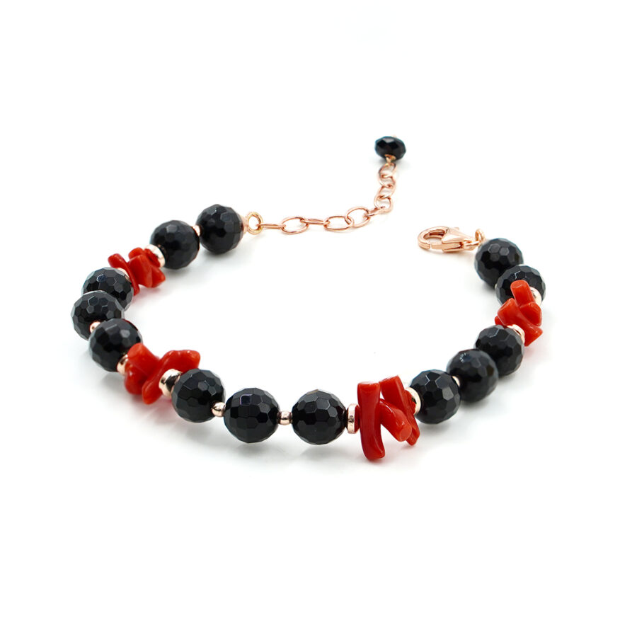 Bracciale con agata nera, corallo, ematite, chiusura in argento 925 - Rosato