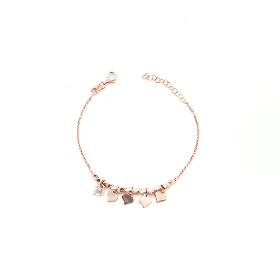Bracciale a catena rolo in argento 925 con 5 cuori – Rosato