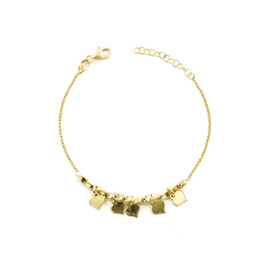Bracciale a catena rolo in argento 925 con 5 cuori – Dorato