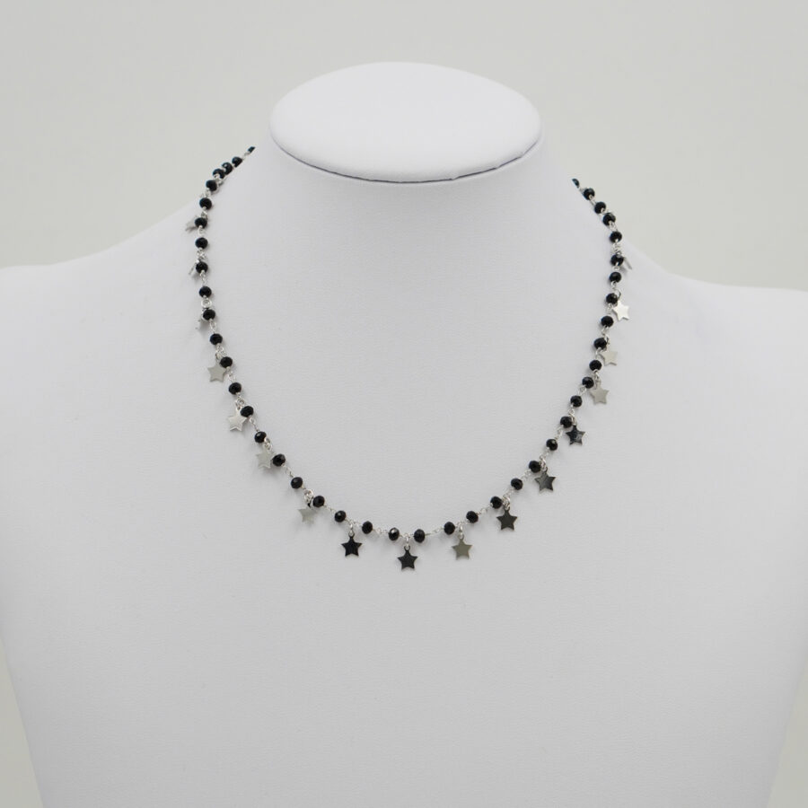 Collana ammagliata in argento 925 con agata nera ed elementi stella – Rodiato