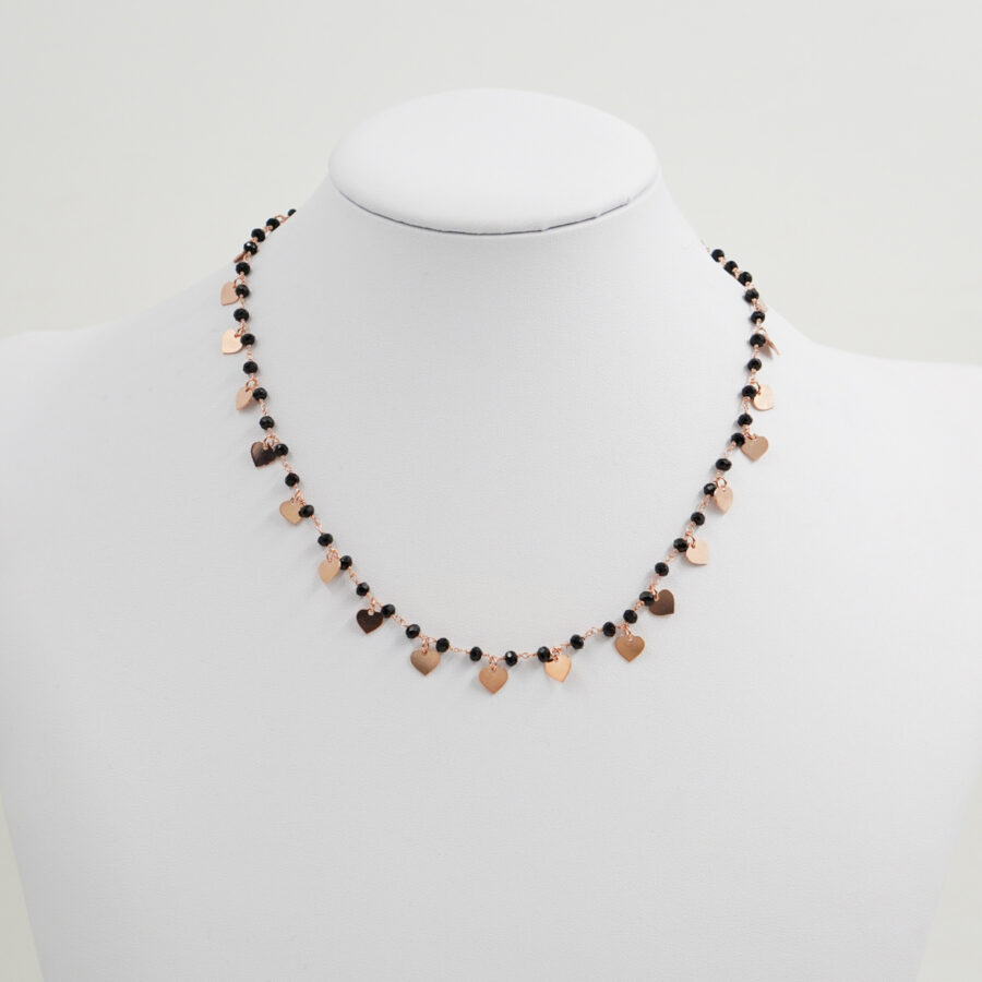 Collana ammagliata in argento 925 con agata nera ed elementi cuore - Rosato