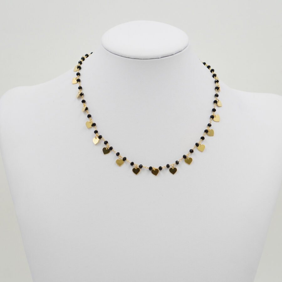 Collana ammagliata in argento 925 con agata nera ed elementi cuore – Dorato