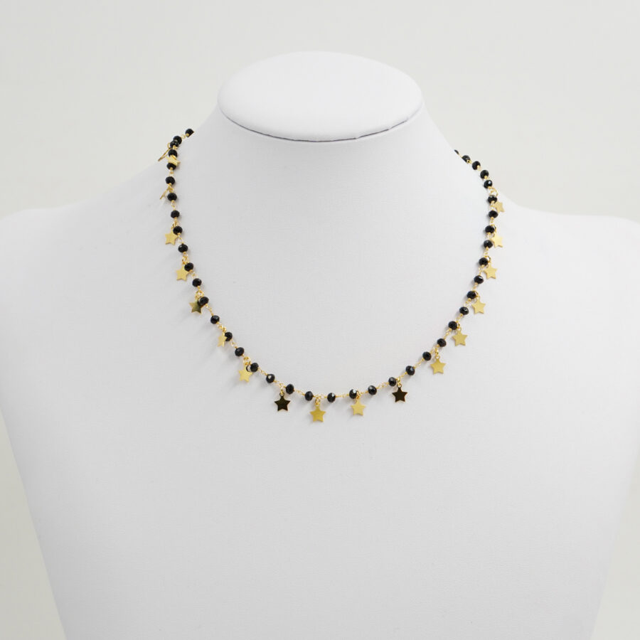 Collana ammagliata in argento 925 con agata nera ed elementi stella – Dorato