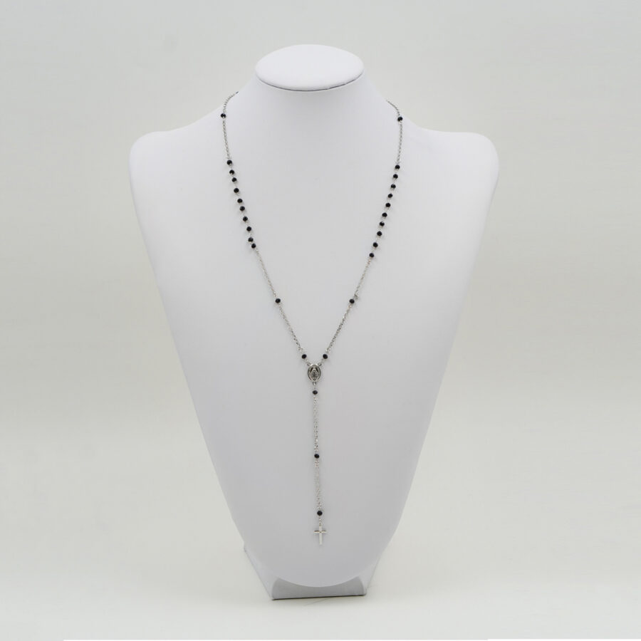 Collana rosario ammagliata in argento 925 con agata nera – Rodiato