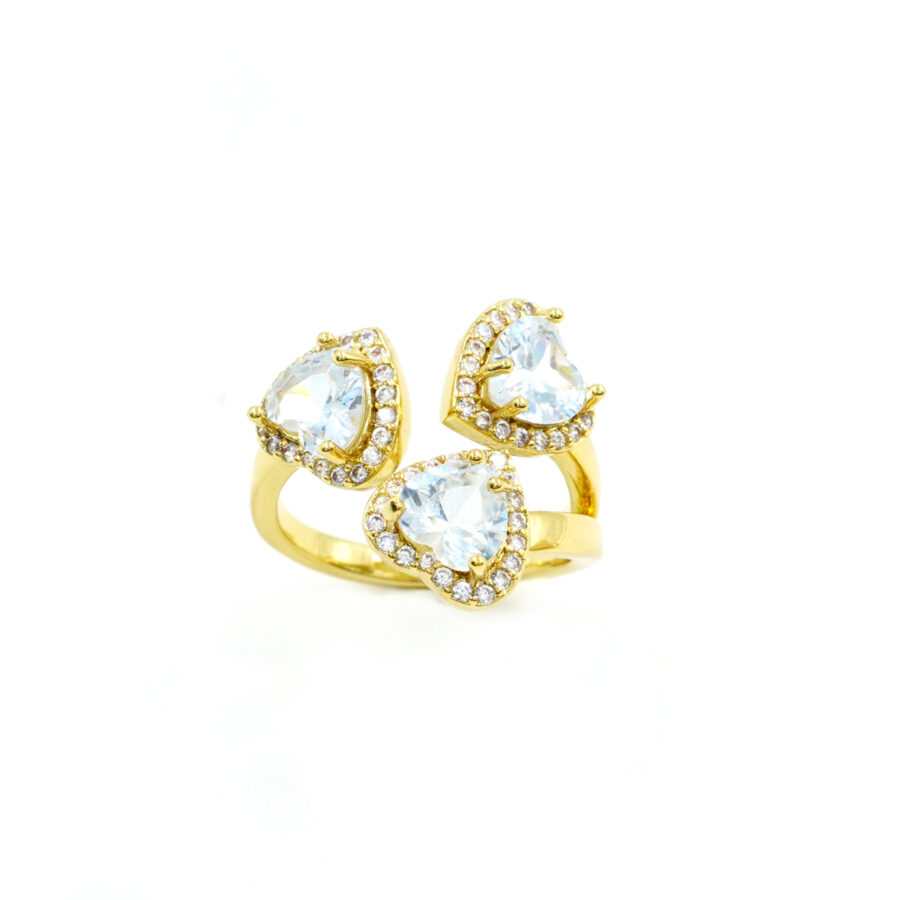 Anello tri-cuori con zirconi bianchi e azzurri