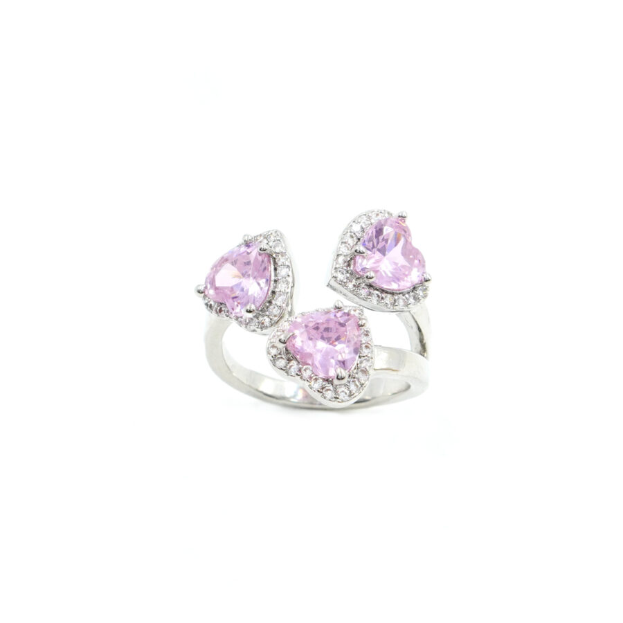 Anello tri-cuori con zirconi bianchi e rosa
