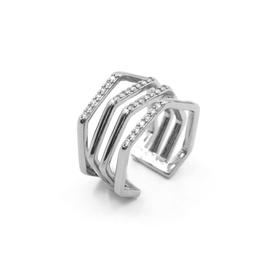 Anello fascia esagono con zirconi bianchi