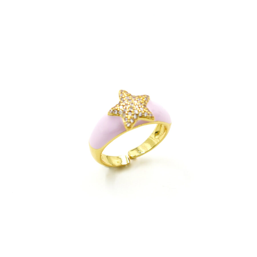 Anello fascia con stella zirconata e smalto rosa