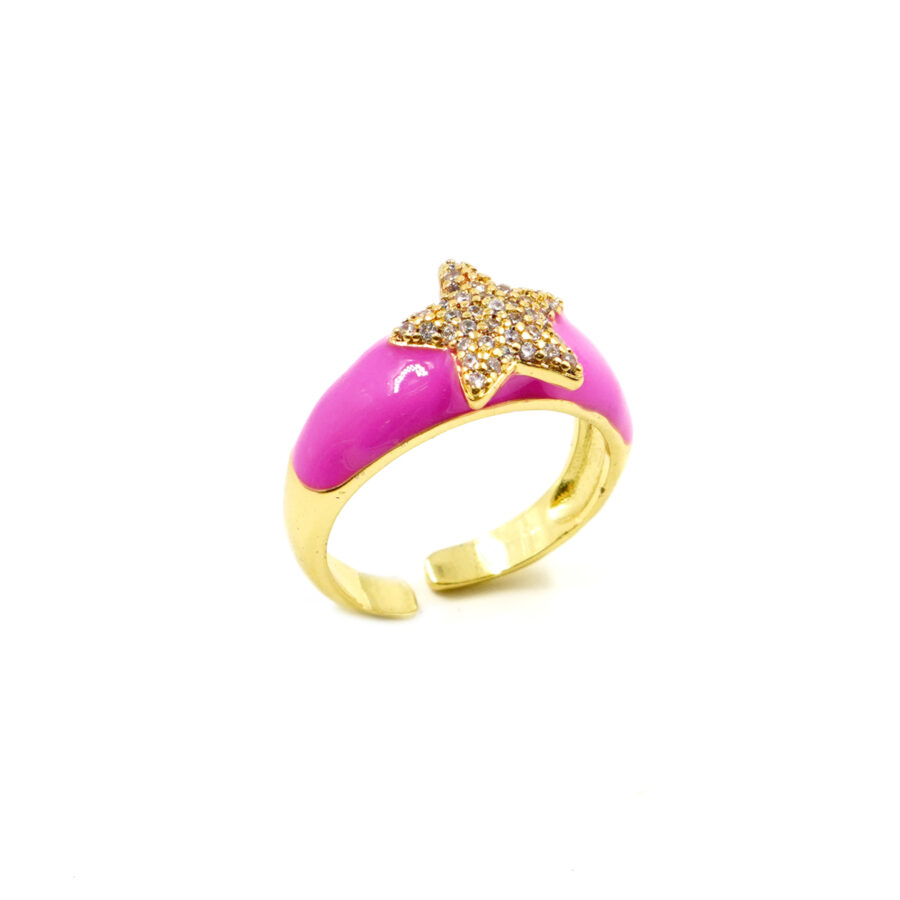 Anello fascia con stella zirconata e smalto fucsia