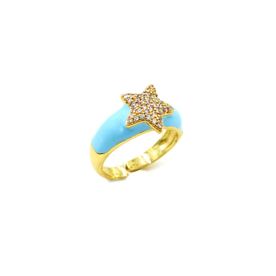 Anello fascia con stella zirconata e smalto azzurro