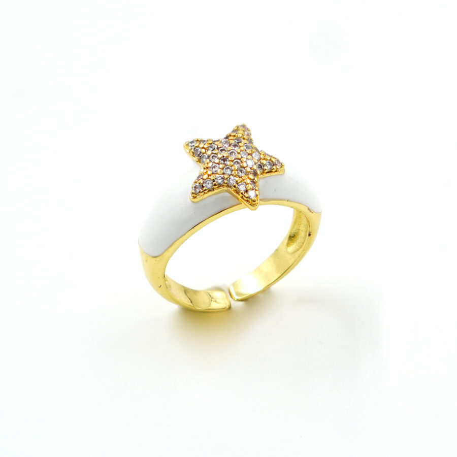 Anello fascia con stella zirconata e smalto bianco