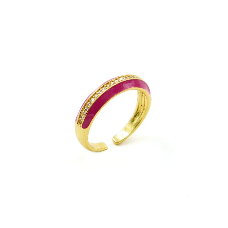 Anello fascia con zirconi bianchi e smalto rosa scuro