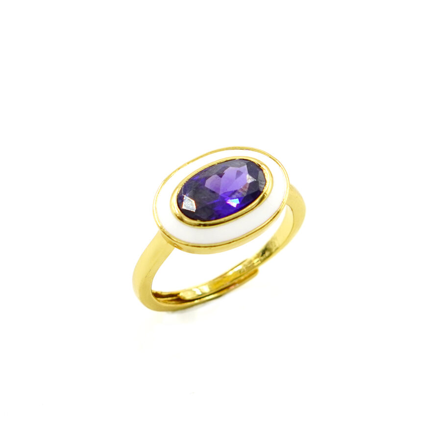 Anello con zircone viola ovale e smalto bianco